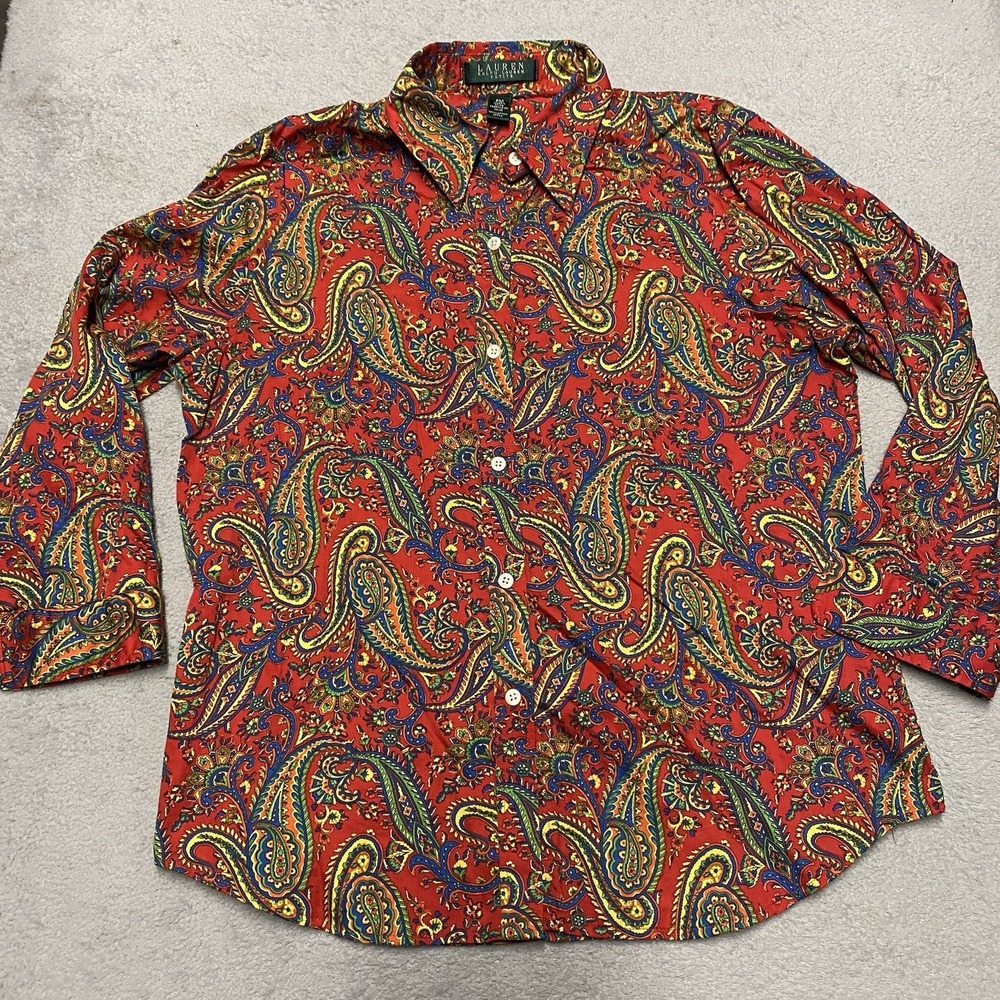 Lauren Ralph Lauren Shirt Womens Medium Red‎ Colorful Paisley 3/4 Sleeve